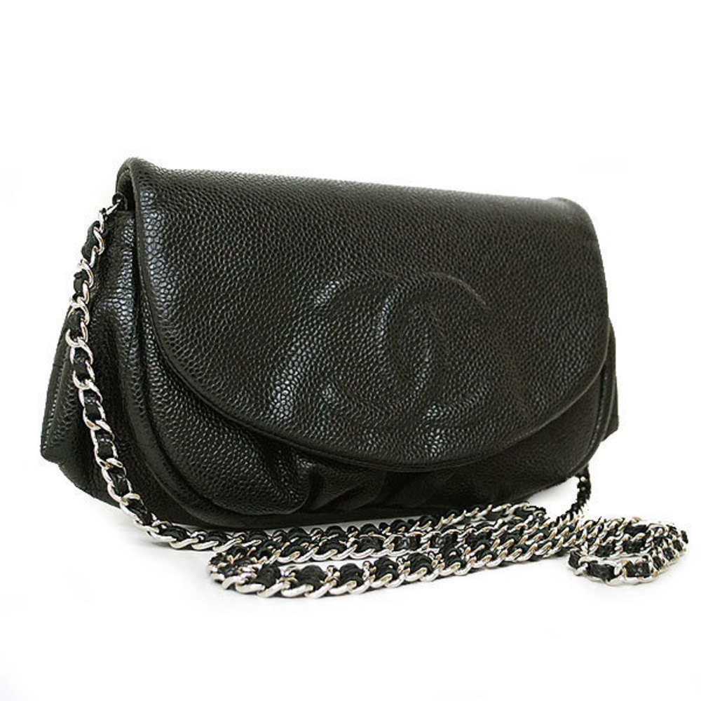 Chanel Half Moon Chain Wallet Shoulder Bag Caviar Skin Black